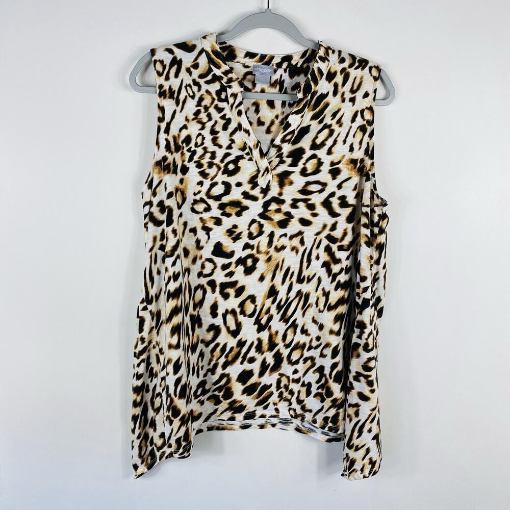 Chico's Top Large 2 12 Cheetah Print Sleeveless Tunic Sharkbite Hem Cotton Modal